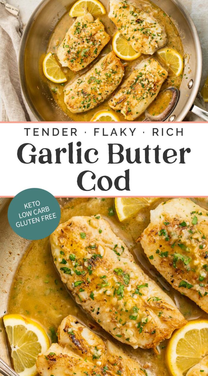 Pin graphic for garlic butter cod.