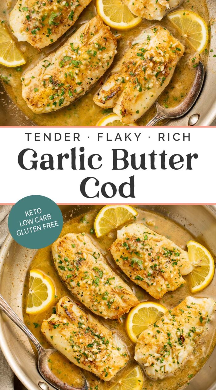 Pin graphic for garlic butter cod.