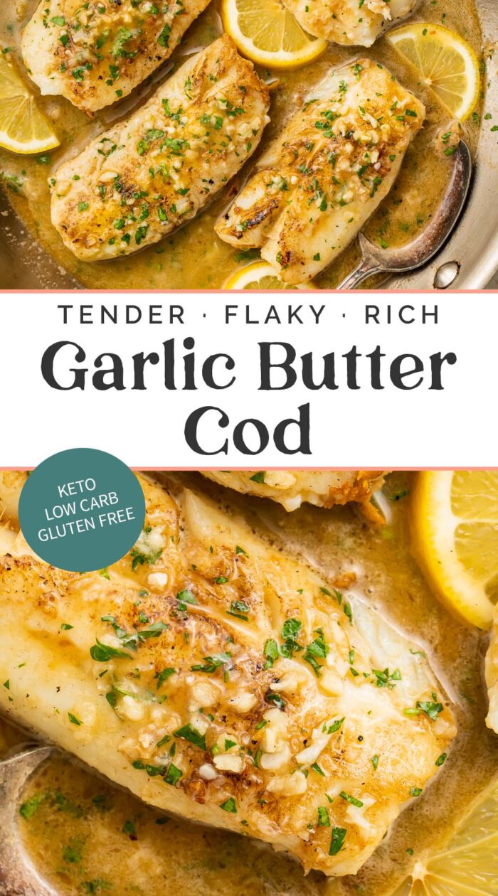 Pin graphic for garlic butter cod.