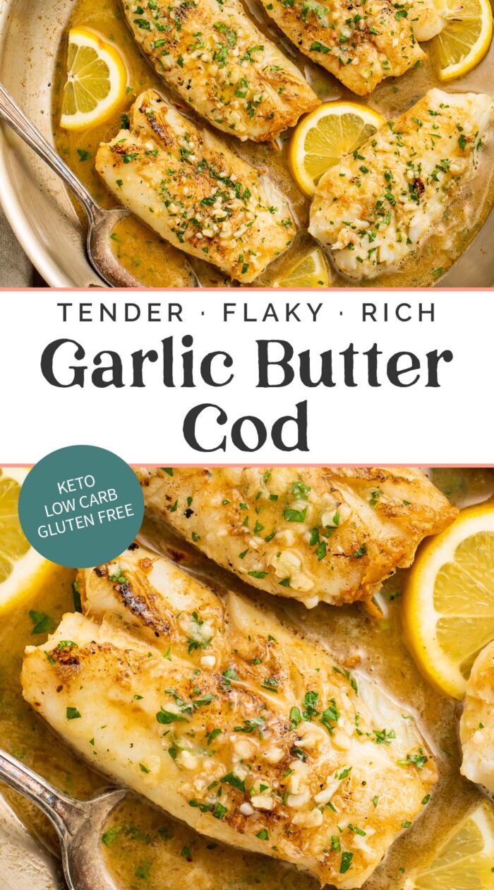 Pin graphic for garlic butter cod.