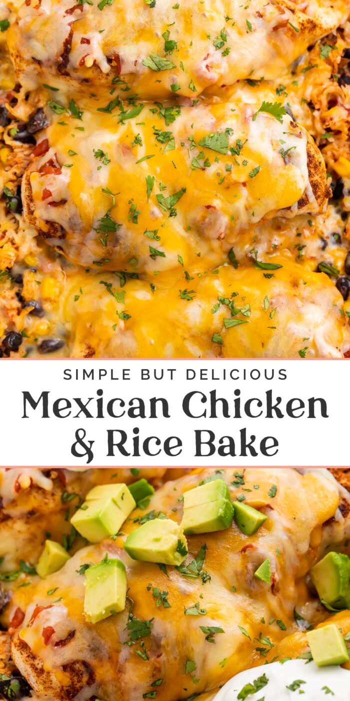 Pin graphic for Mexican chicken and rice bake.