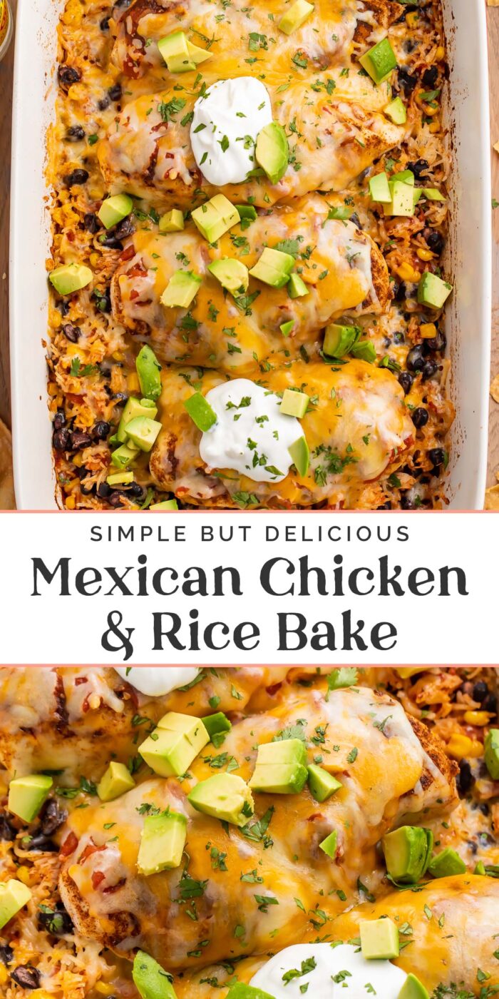 Pin graphic for Mexican chicken and rice bake.