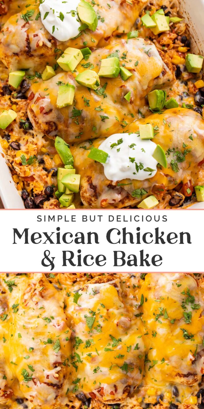 Pin graphic for Mexican chicken and rice bake.