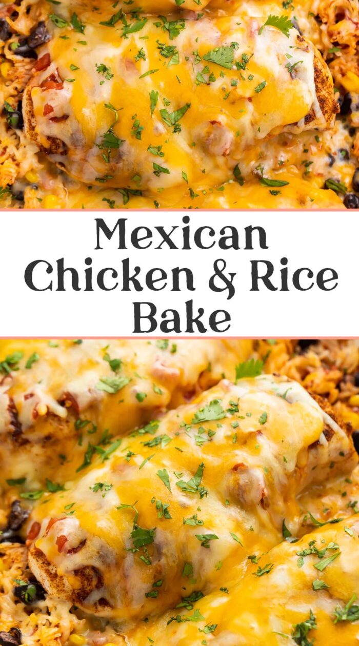 Pin graphic for Mexican chicken and rice bake.