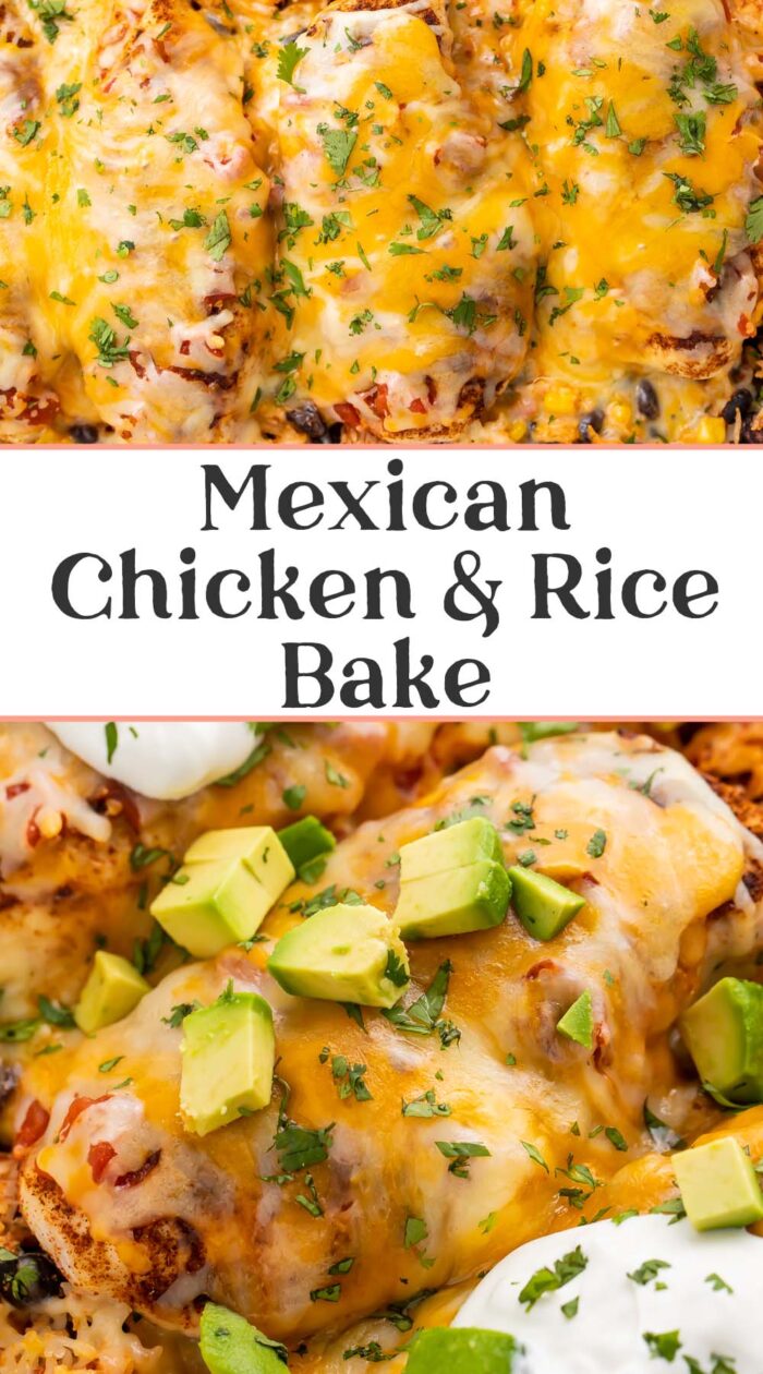 Pin graphic for Mexican chicken and rice bake.