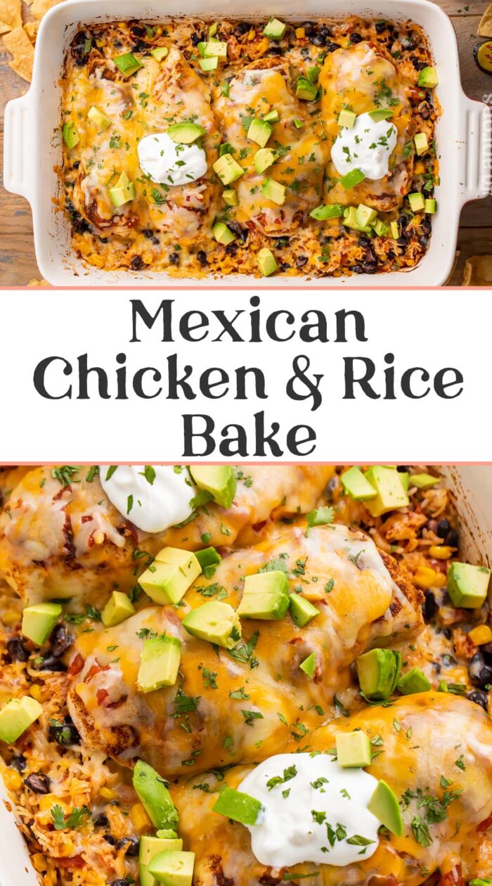 Pin graphic for Mexican chicken and rice bake.