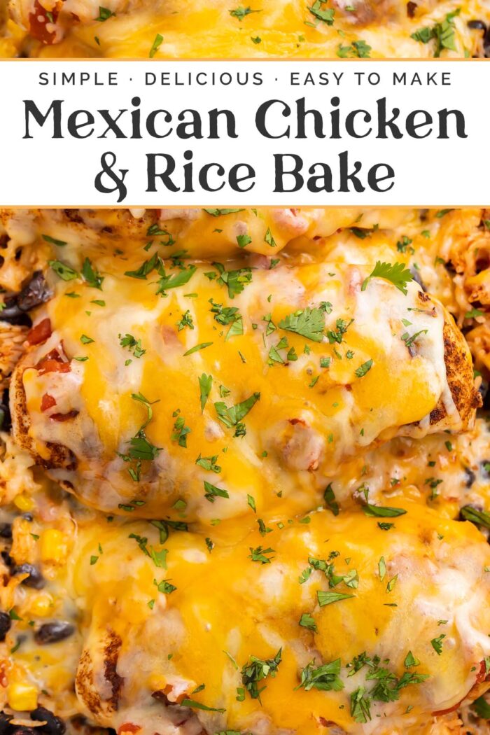 Pin graphic for Mexican chicken and rice bake.