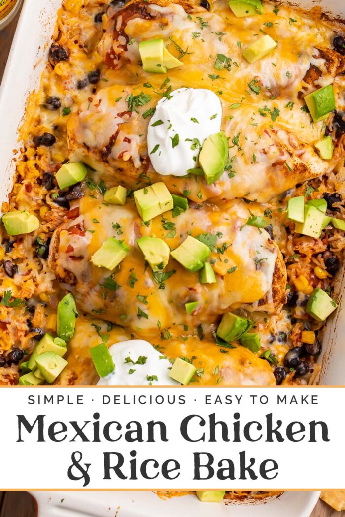 Pin graphic for Mexican chicken and rice bake.