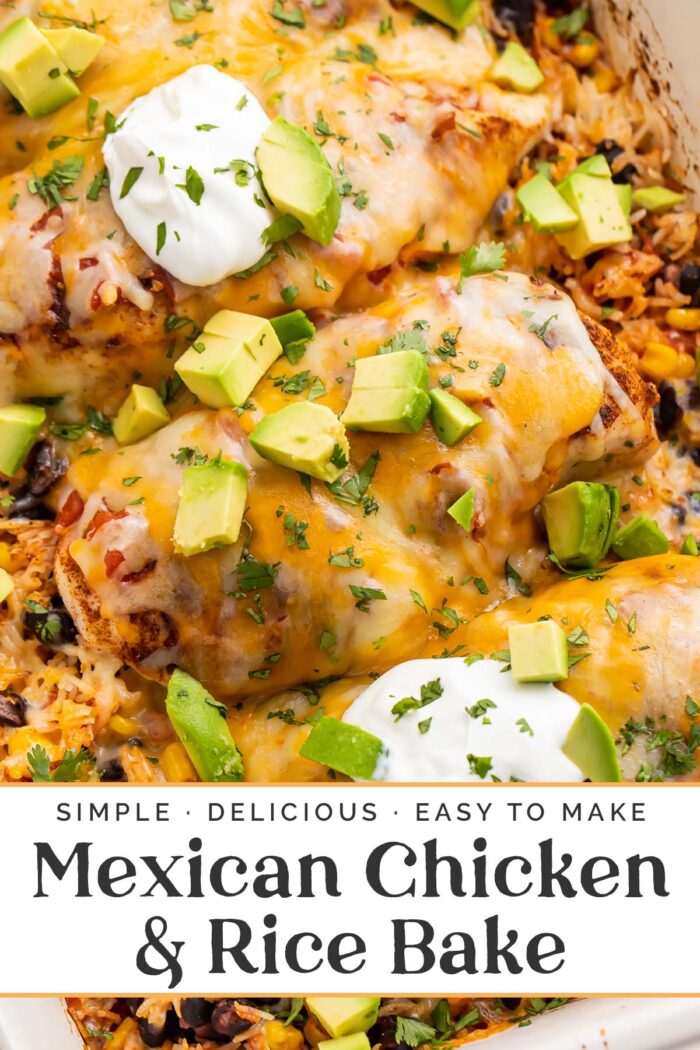 Pin graphic for Mexican chicken and rice bake.