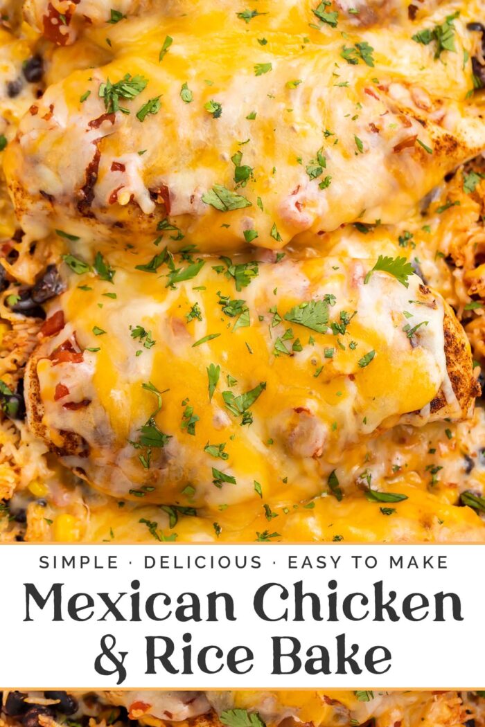 Pin graphic for Mexican chicken and rice bake.