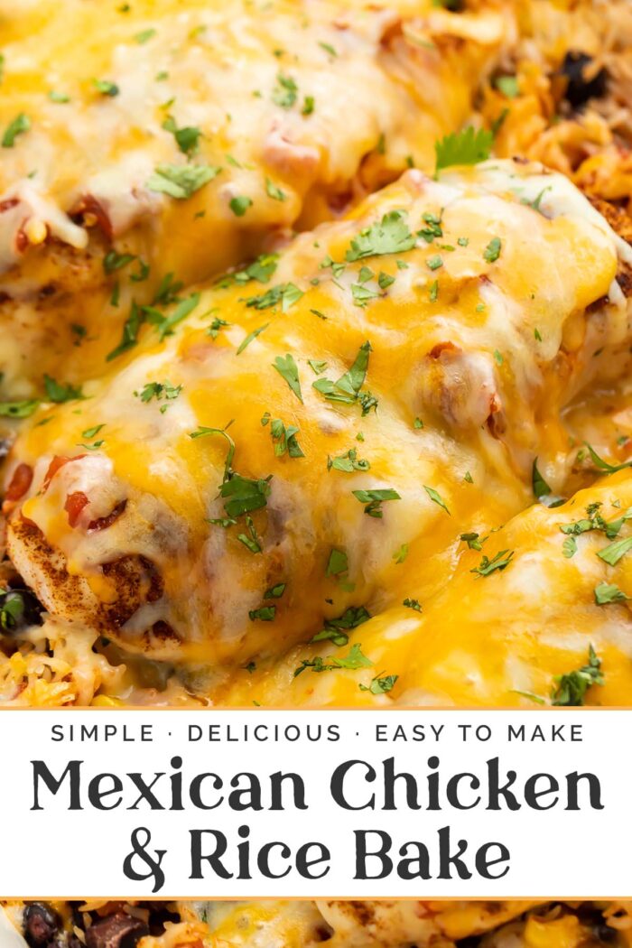 Pin graphic for Mexican chicken and rice bake.