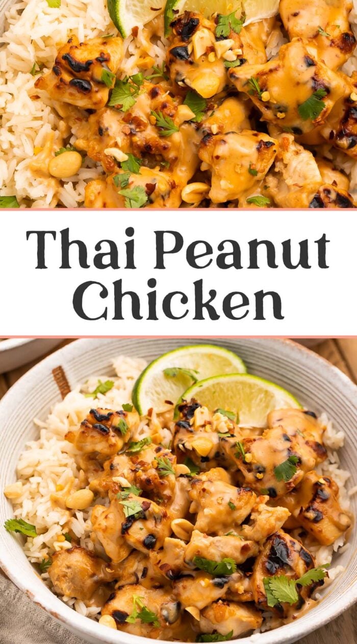 Pin graphic for Thai peanut chicken.