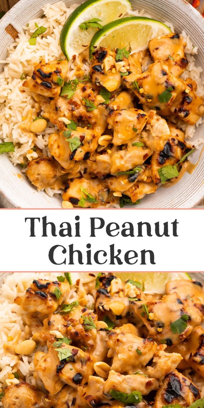 Pin graphic for Thai peanut chicken.