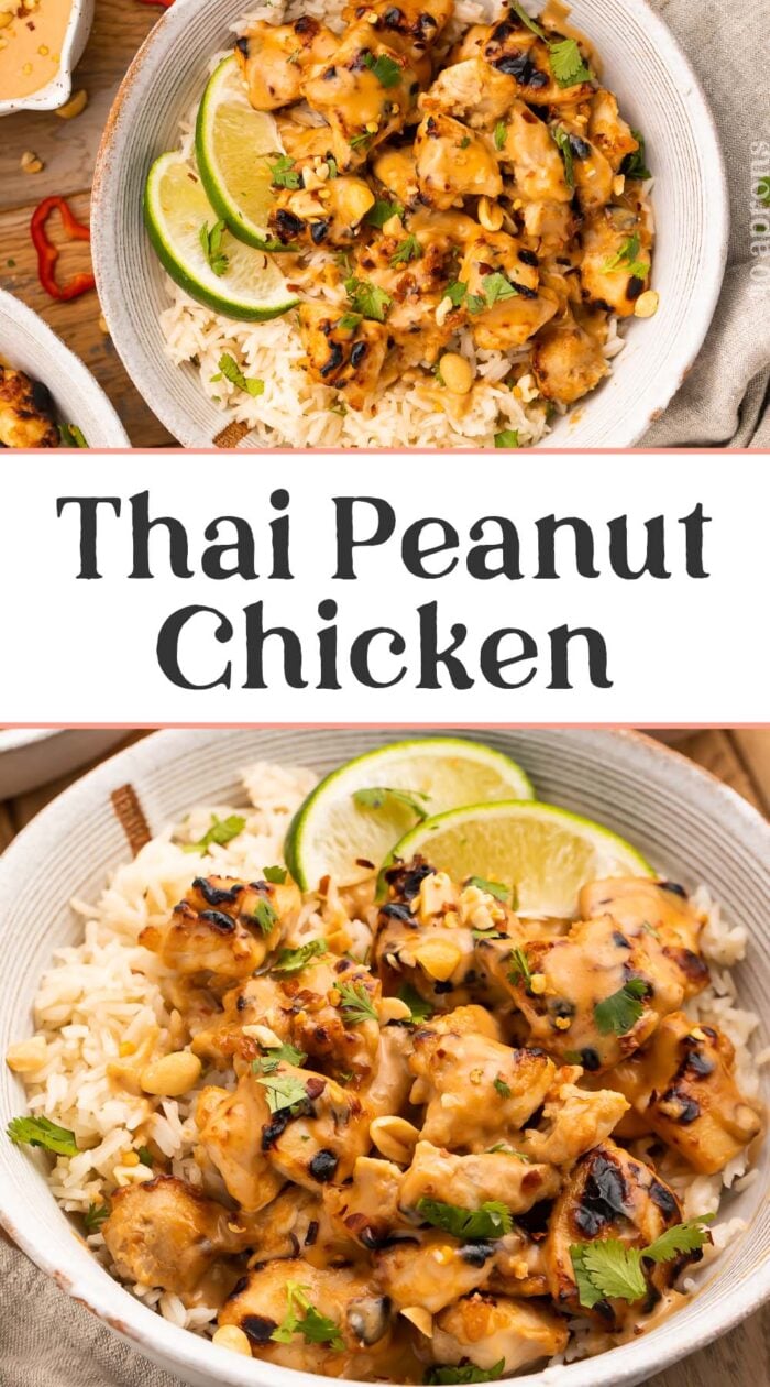 Pin graphic for Thai peanut chicken.