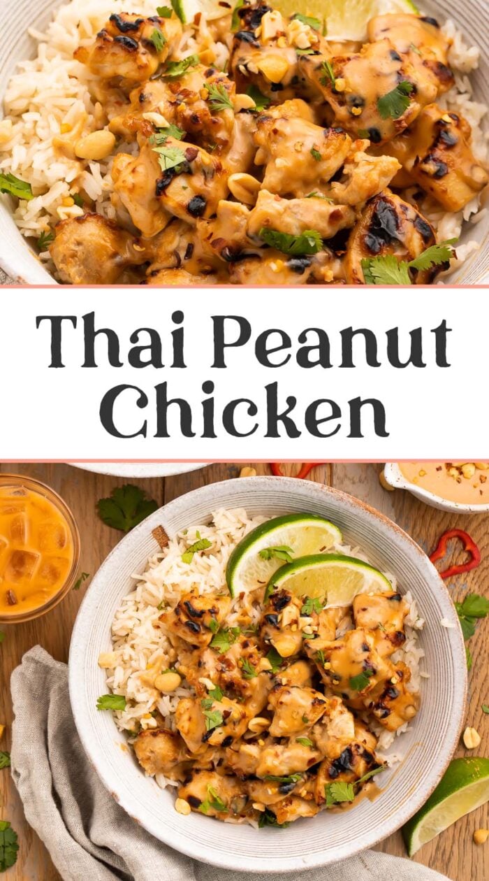 Pin graphic for Thai peanut chicken.