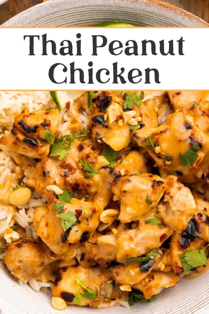 Pin graphic for Thai peanut chicken.