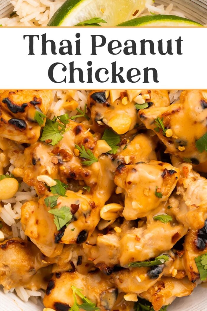 Pin graphic for Thai peanut chicken.