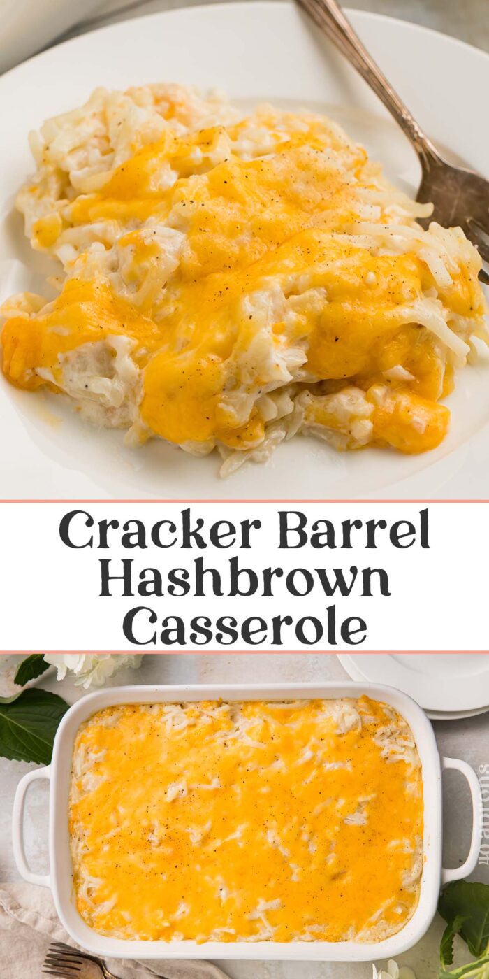 Pin graphic for Cracker Barrel hashbrown casserole.