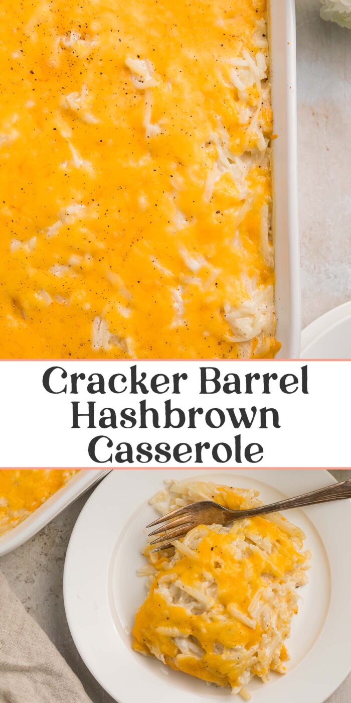 Pin graphic for Cracker Barrel hashbrown casserole.