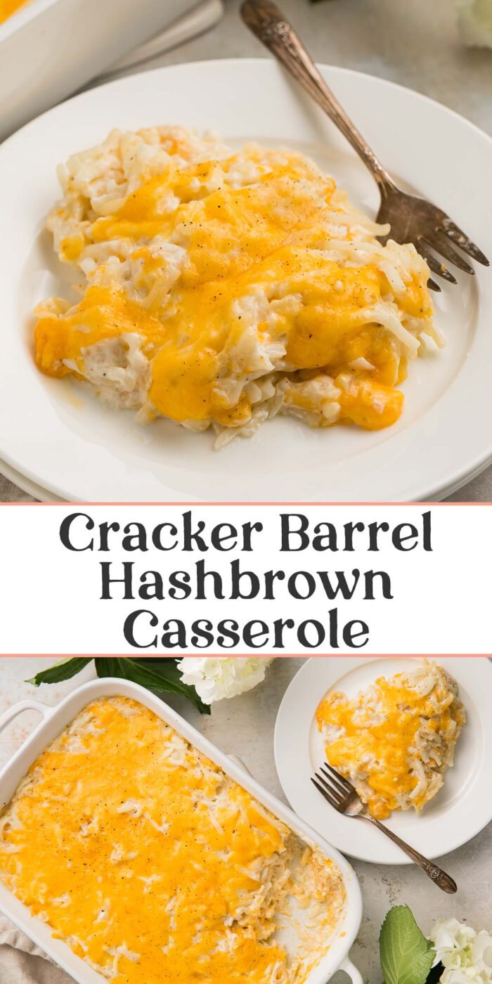 Pin graphic for Cracker Barrel hashbrown casserole.