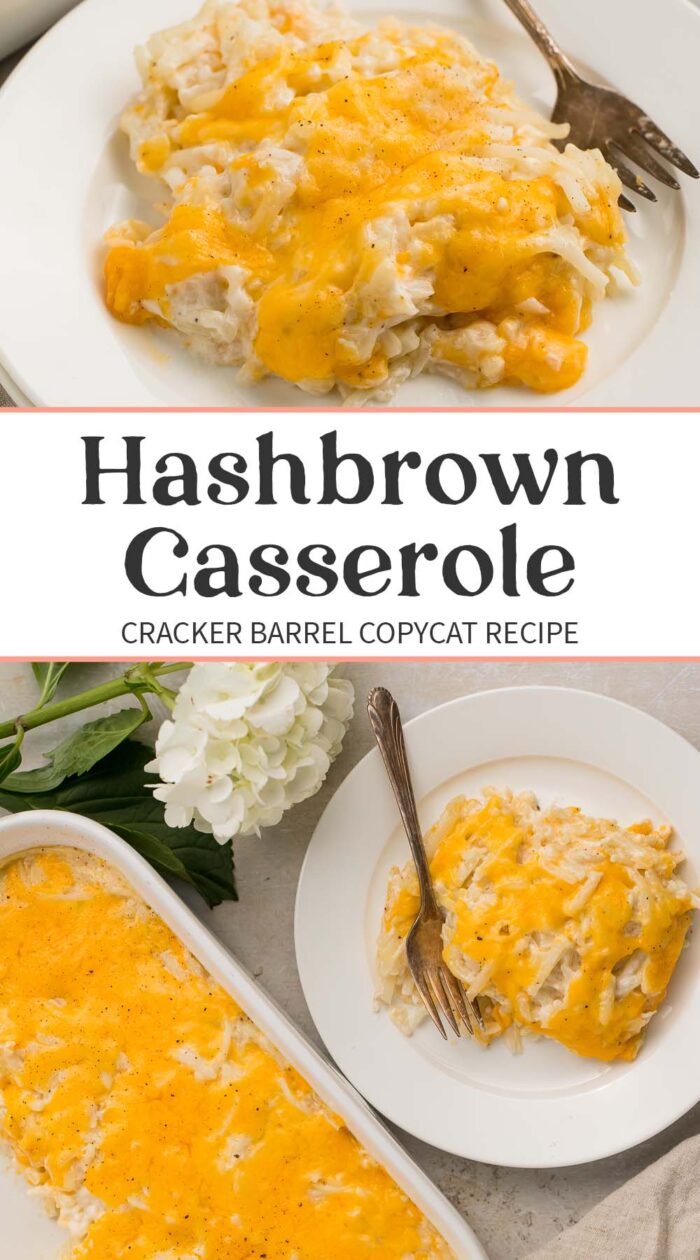 Pin graphic for Cracker Barrel hashbrown casserole.