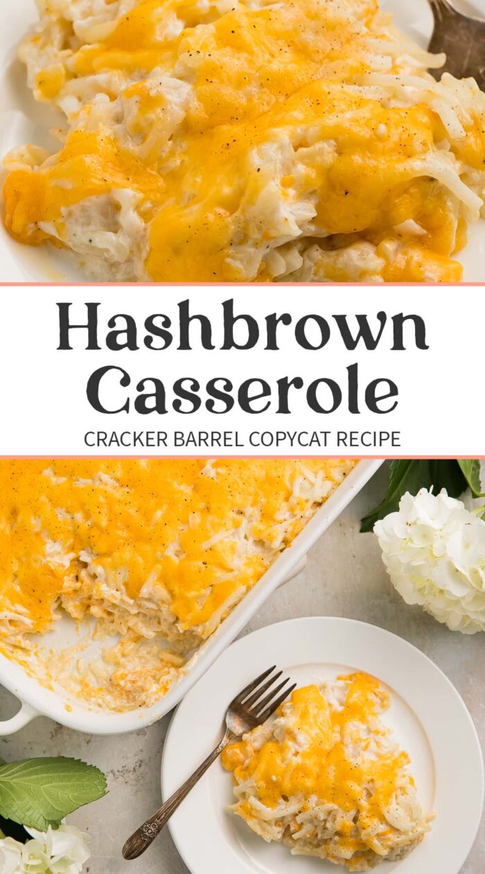 Pin graphic for Cracker Barrel hashbrown casserole.