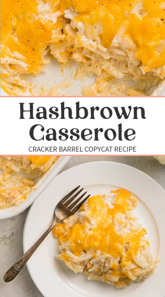 Pin graphic for Cracker Barrel hashbrown casserole.