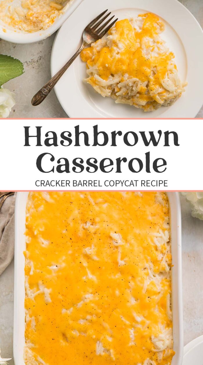 Pin graphic for Cracker Barrel hashbrown casserole.