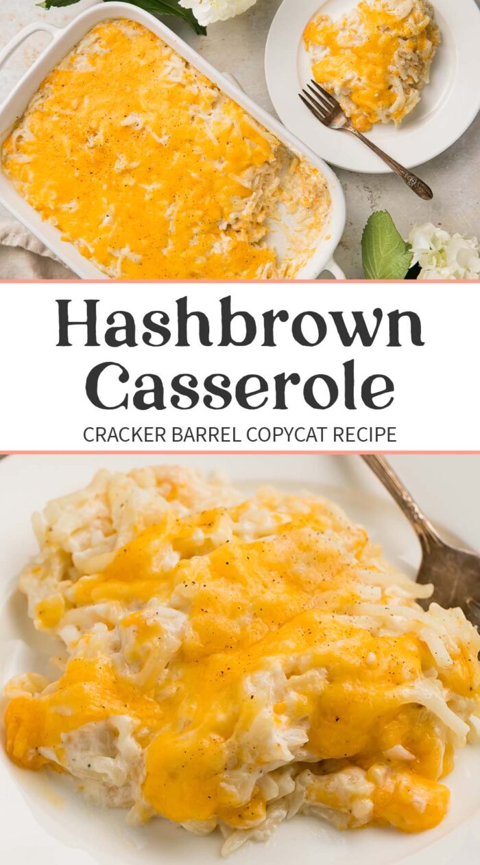 Pin graphic for Cracker Barrel hashbrown casserole.