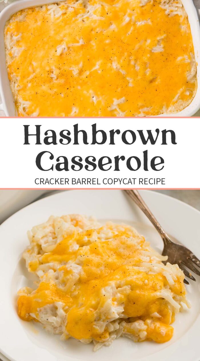 Pin graphic for Cracker Barrel hashbrown casserole.