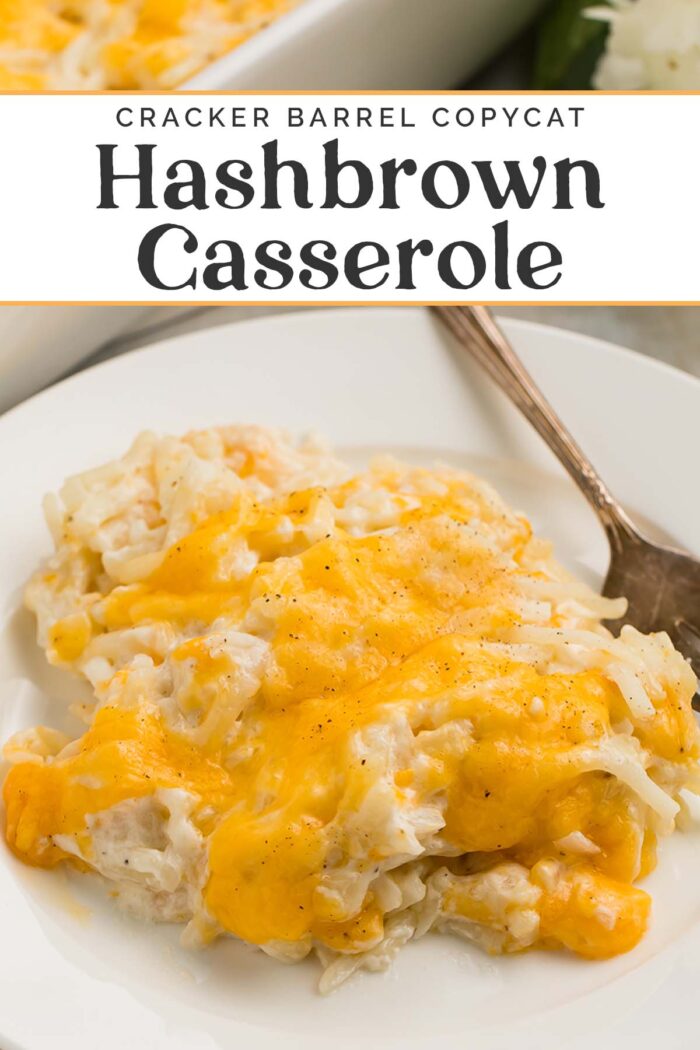 Pin graphic for Cracker Barrel hashbrown casserole.