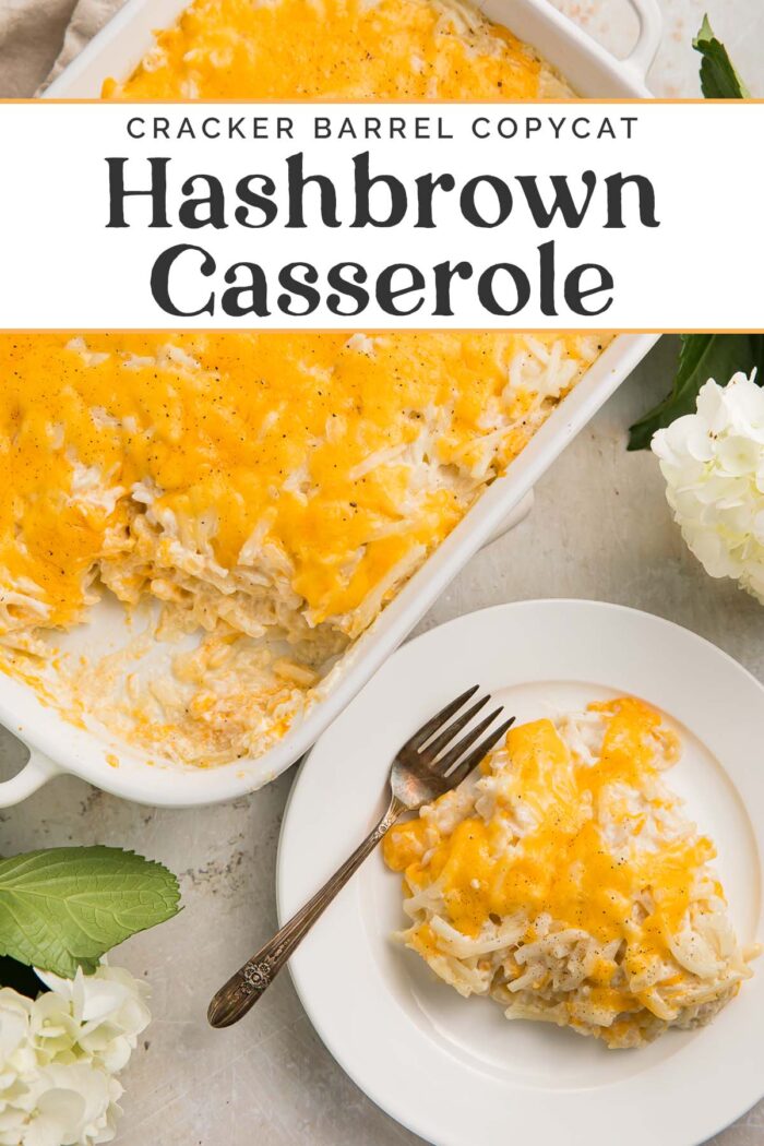 Pin graphic for Cracker Barrel hashbrown casserole.