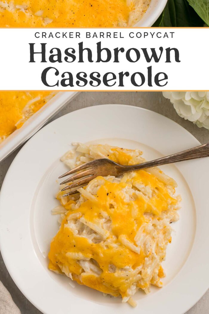 Pin graphic for Cracker Barrel hashbrown casserole.