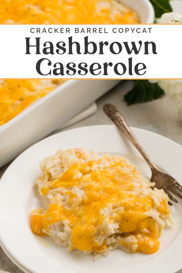 Pin graphic for Cracker Barrel hashbrown casserole.