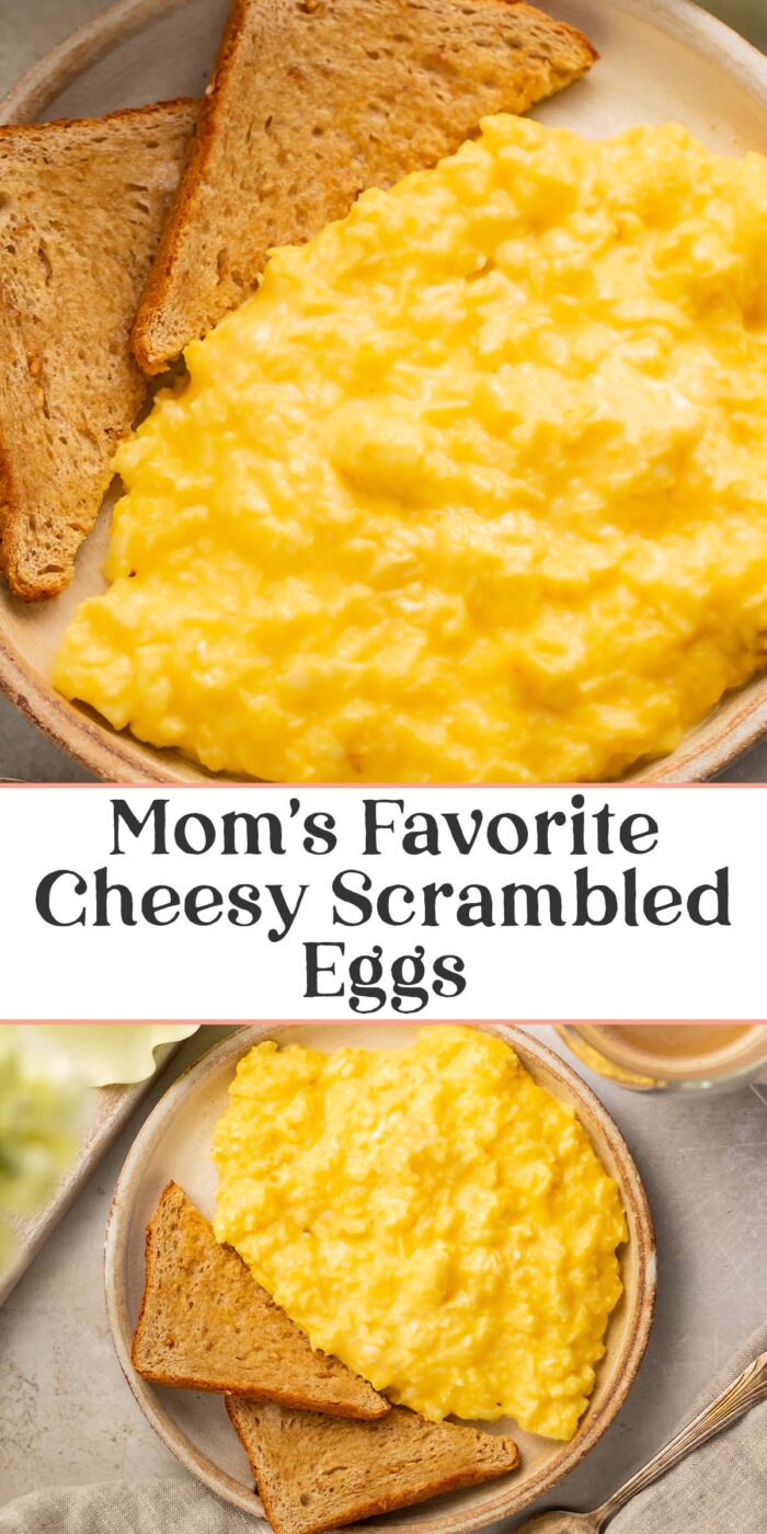 Pin graphic for cheesy scrambled eggs.