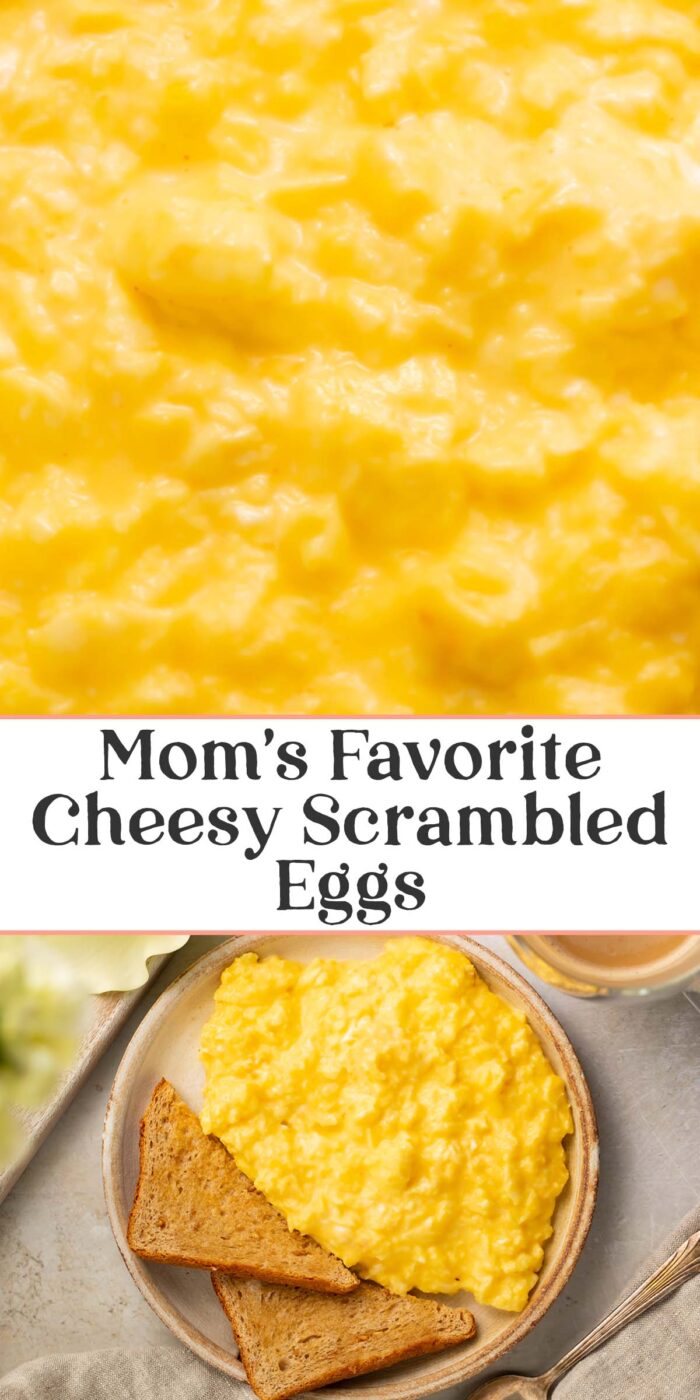 Pin graphic for cheesy scrambled eggs.