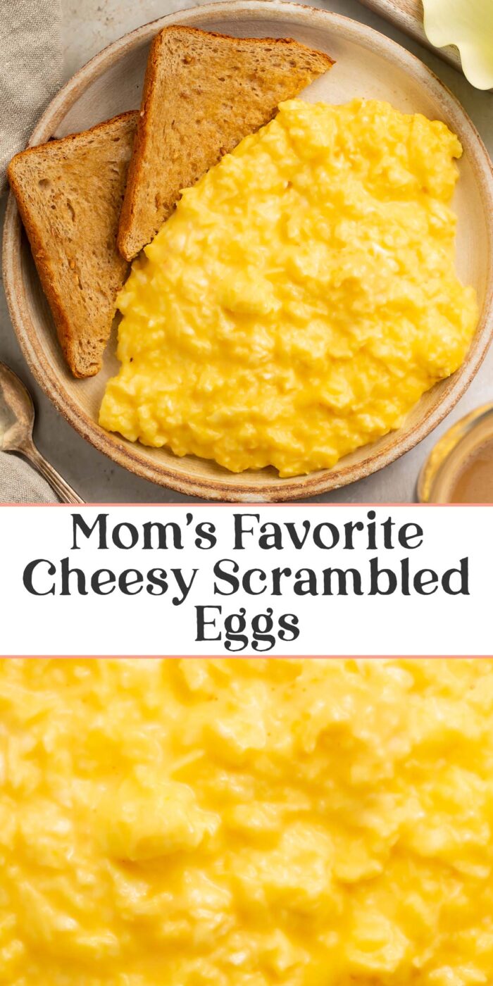 Pin graphic for cheesy scrambled eggs.