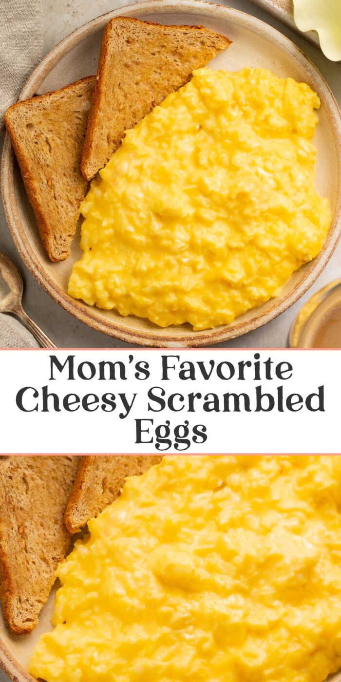 Pin graphic for cheesy scrambled eggs.