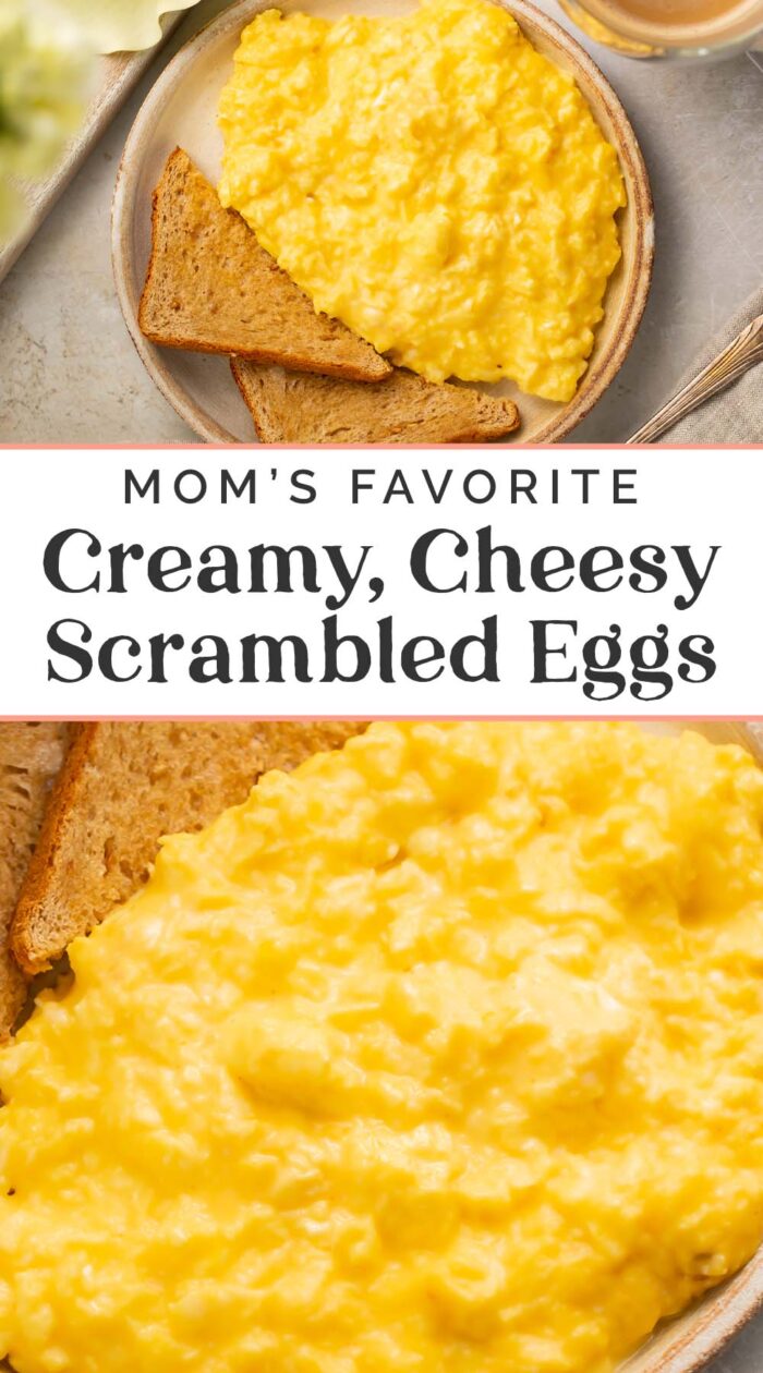 Pin graphic for cheesy scrambled eggs.