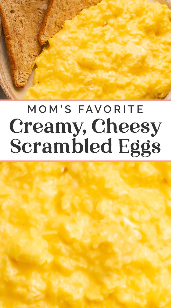 Pin graphic for cheesy scrambled eggs.