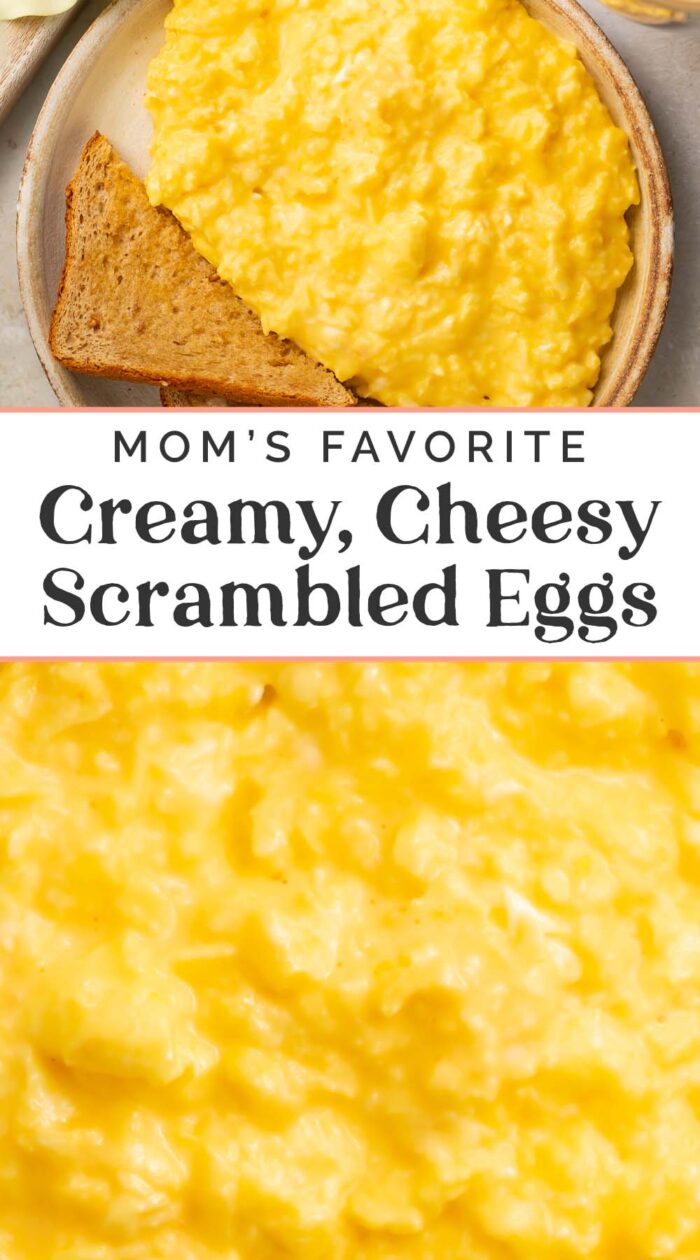 Pin graphic for cheesy scrambled eggs.