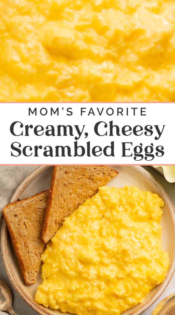 Pin graphic for cheesy scrambled eggs.