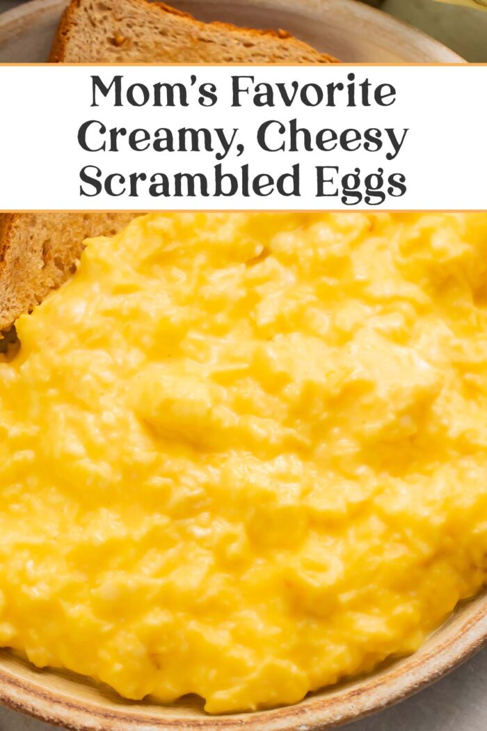 Pin graphic for cheesy scrambled eggs.