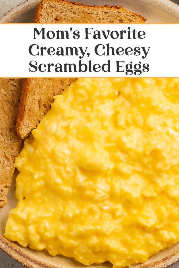 Pin graphic for cheesy scrambled eggs.