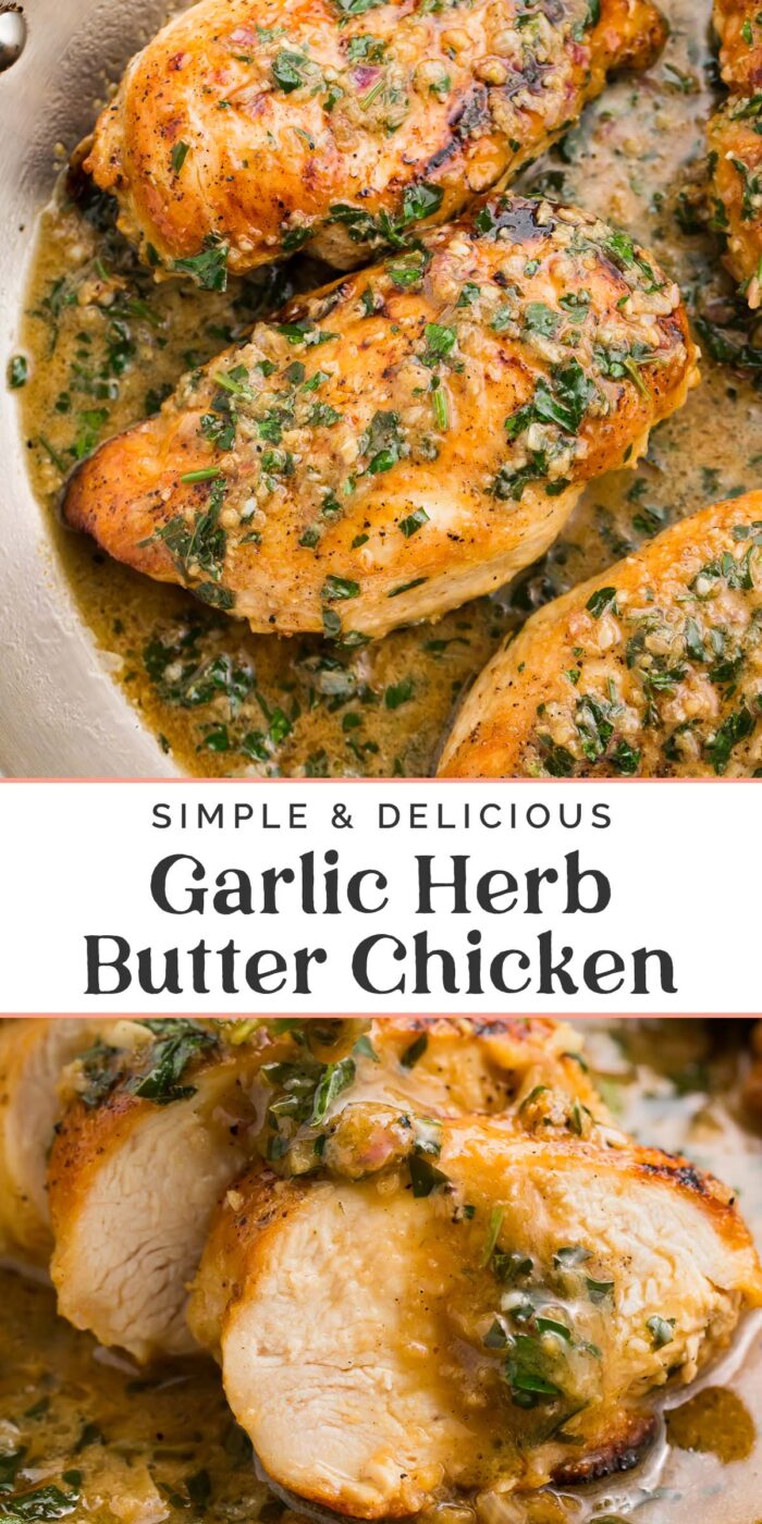 Pin graphic for garlic herb butter chicken.