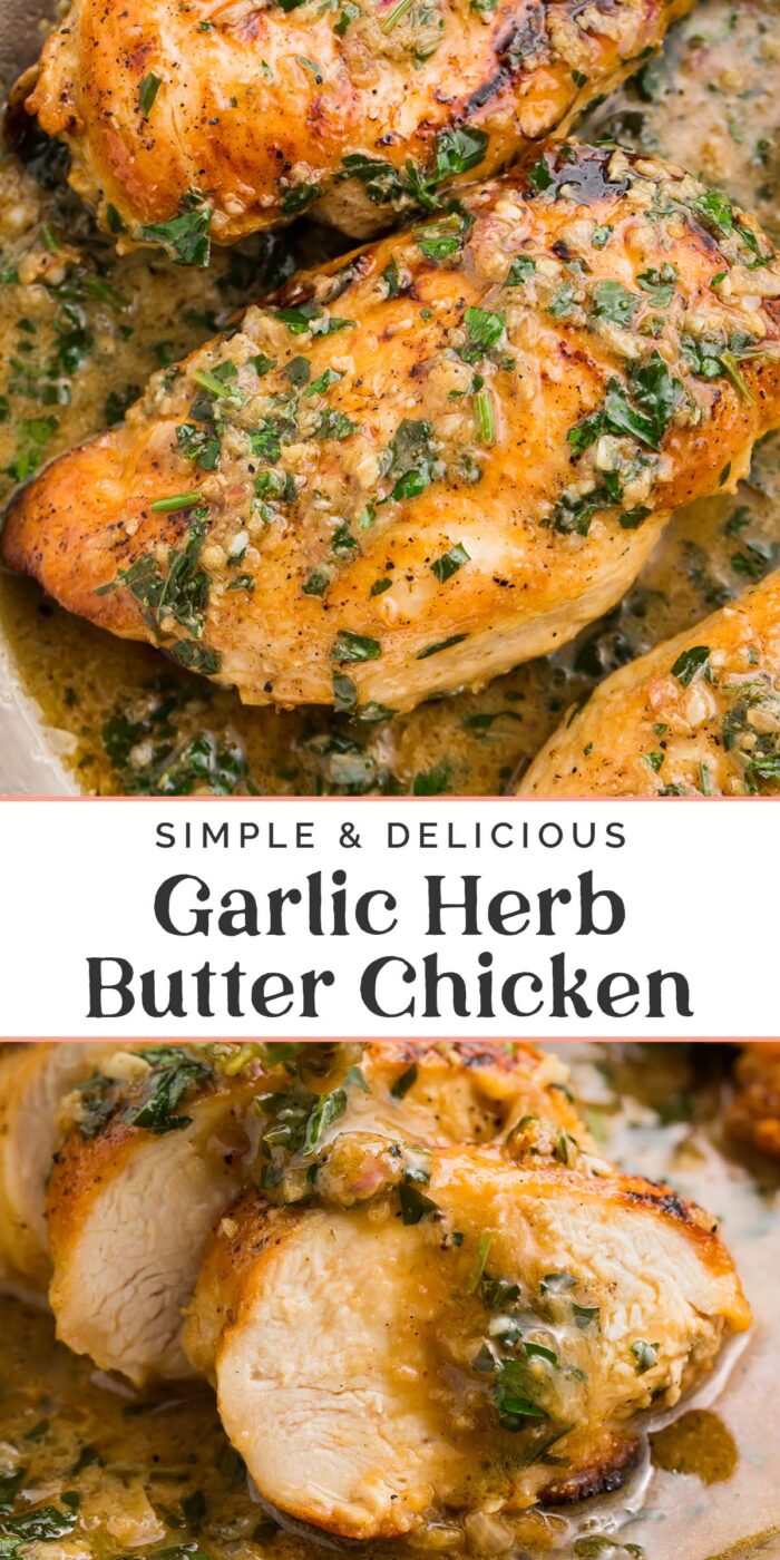 Pin graphic for garlic herb butter chicken.