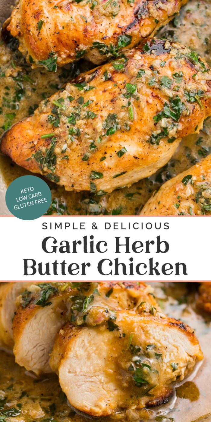 Pin graphic for garlic herb butter chicken.