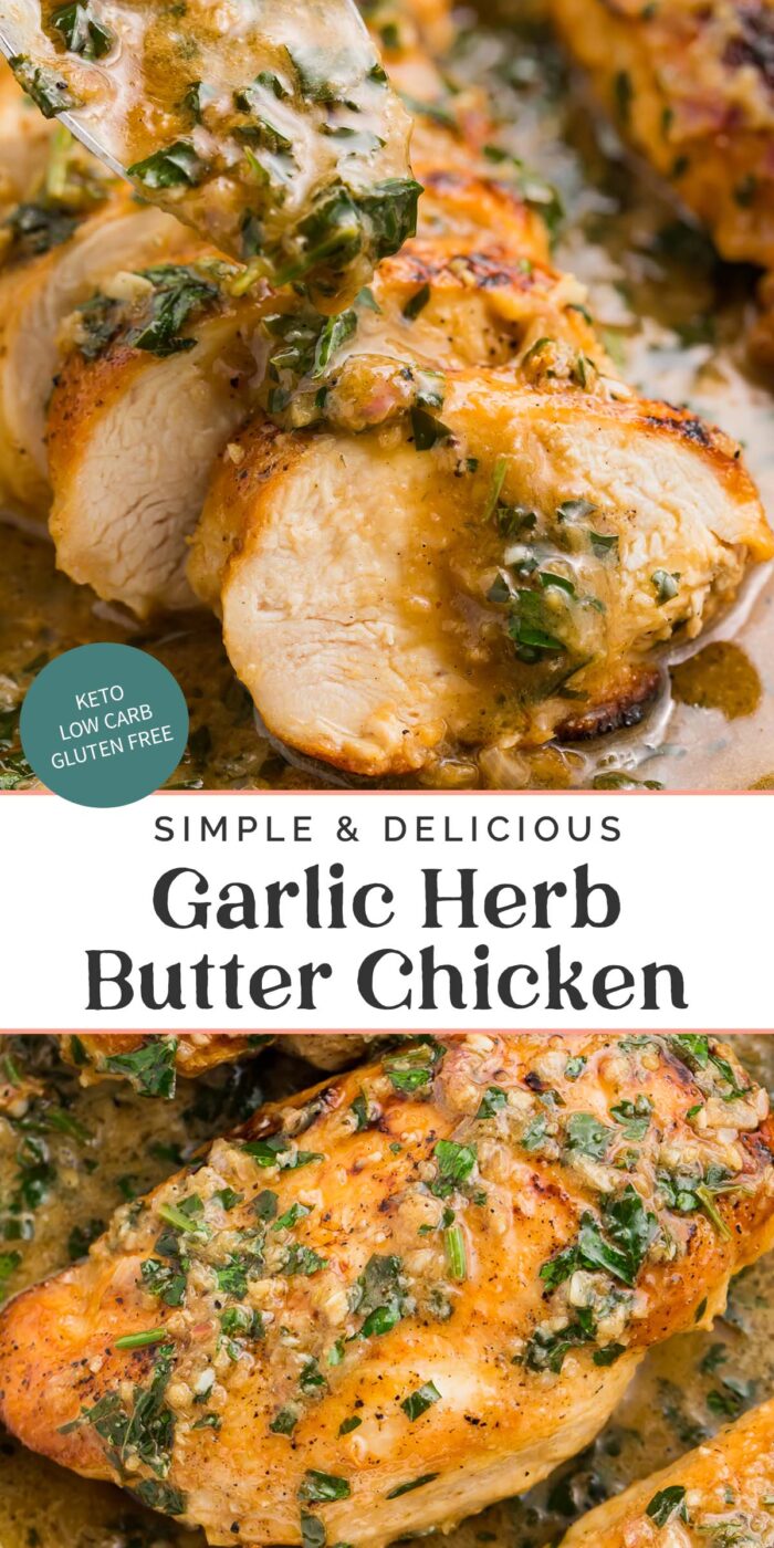 Pin graphic for garlic herb butter chicken.