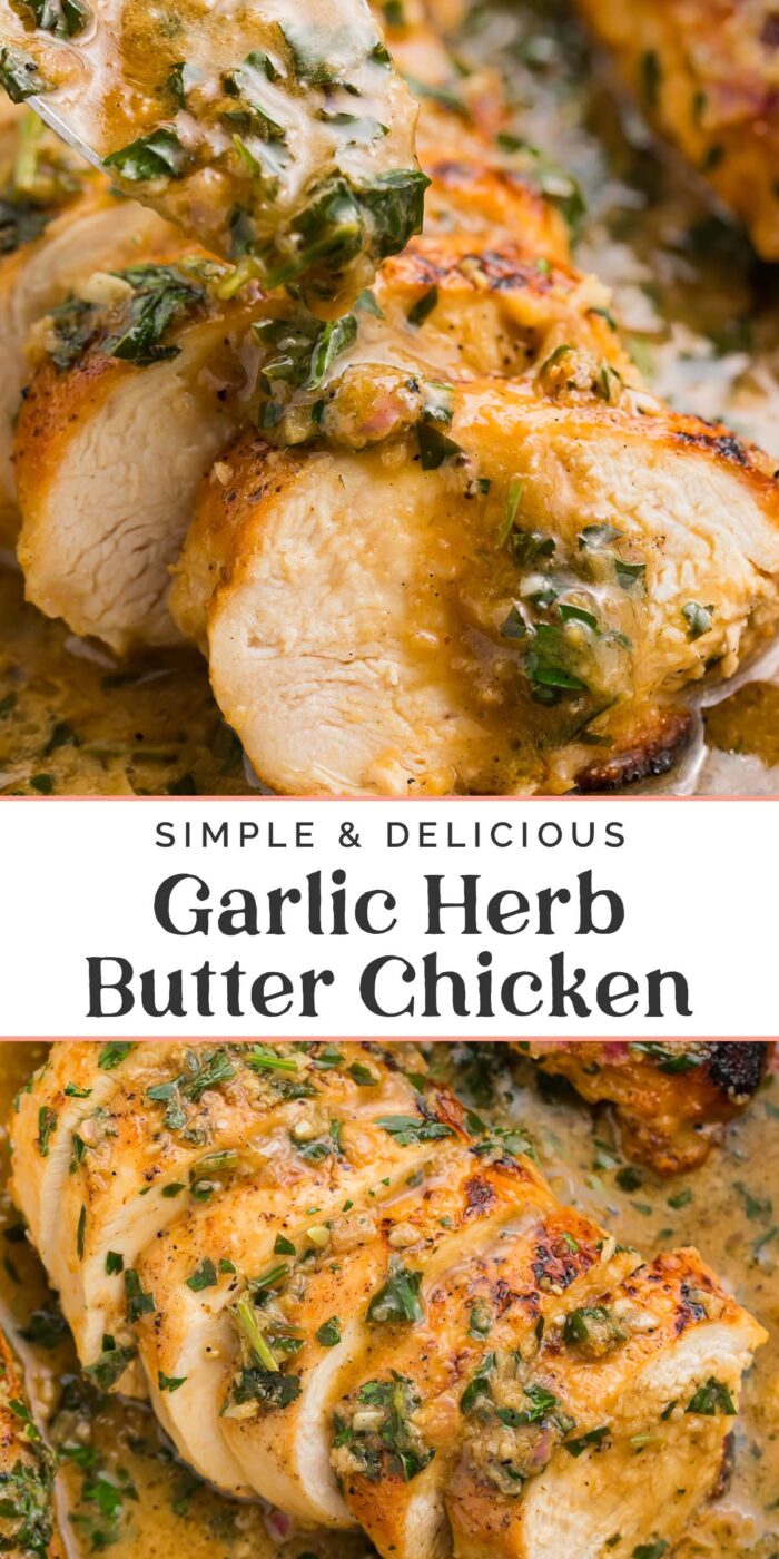 Pin graphic for garlic herb butter chicken.