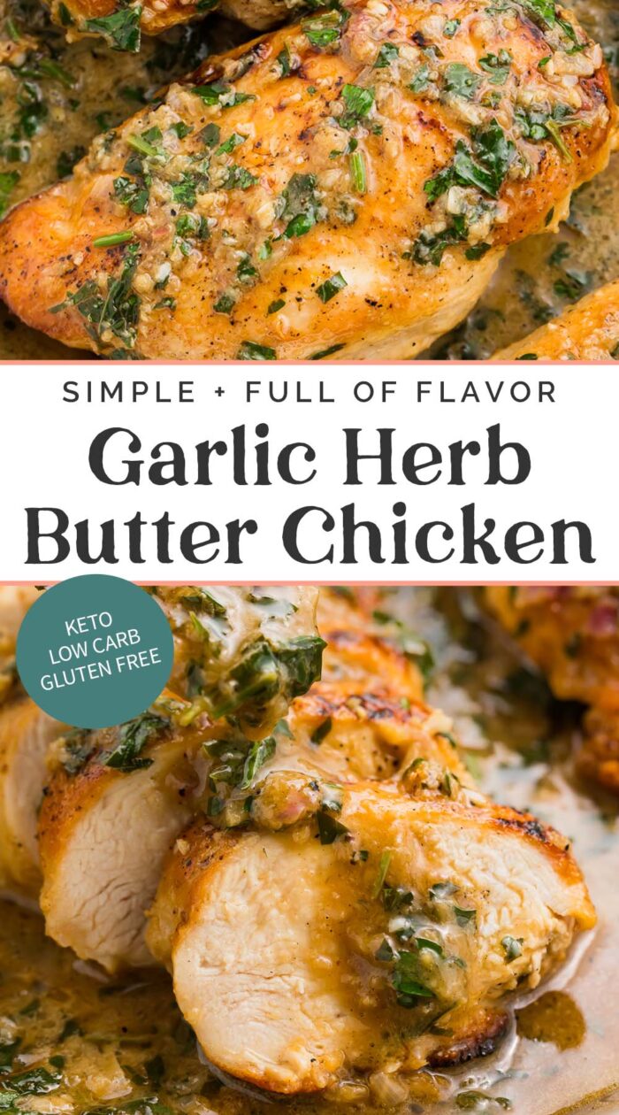 Pin graphic for garlic herb butter chicken.